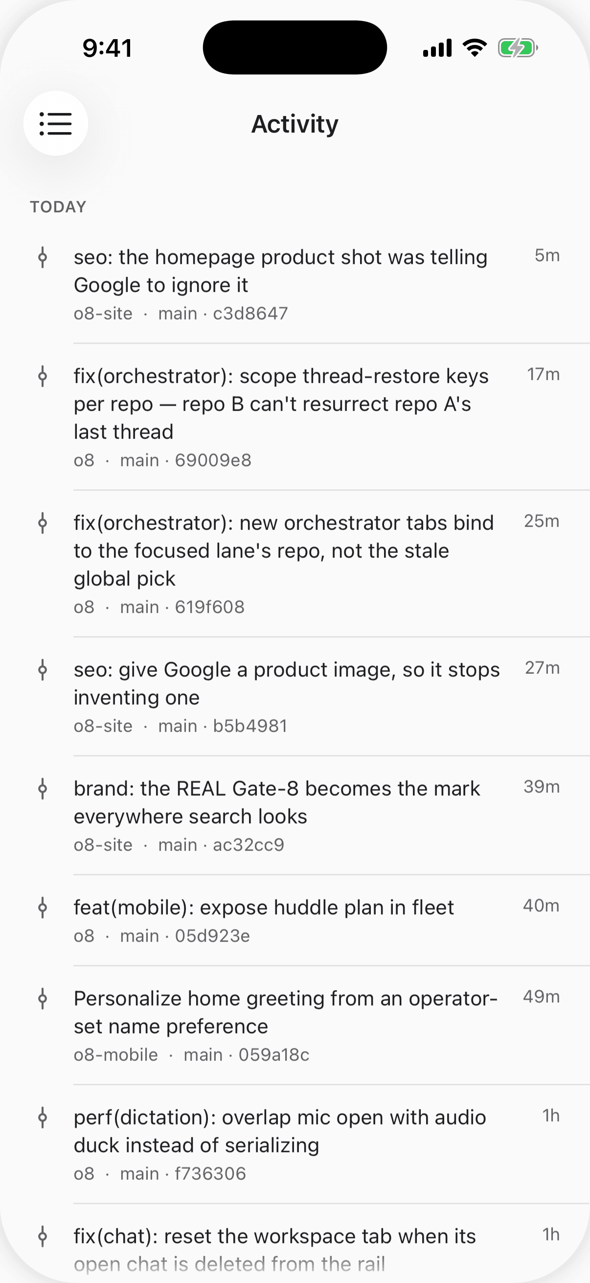 Repository activity in o8 mobile