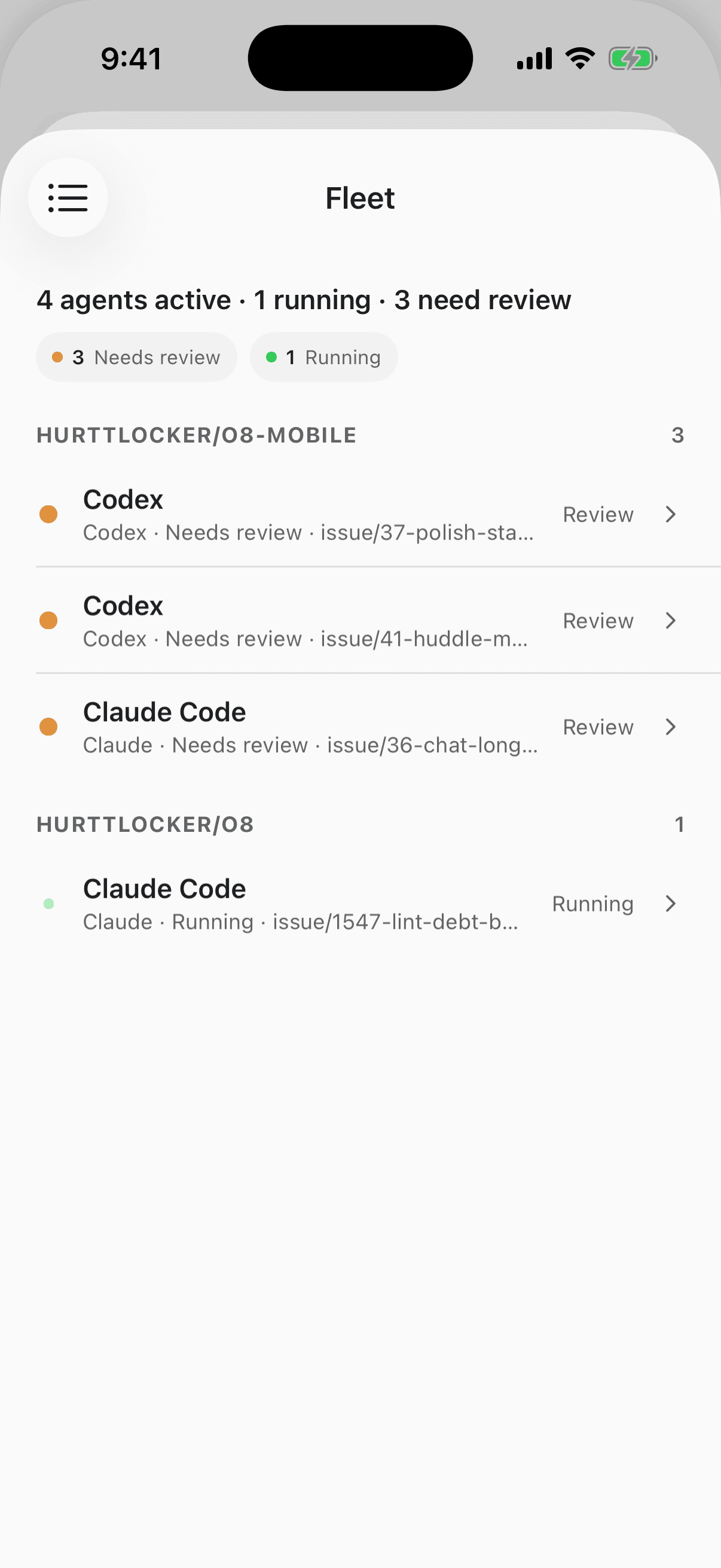 o8 mobile fleet grouped by repository and review state