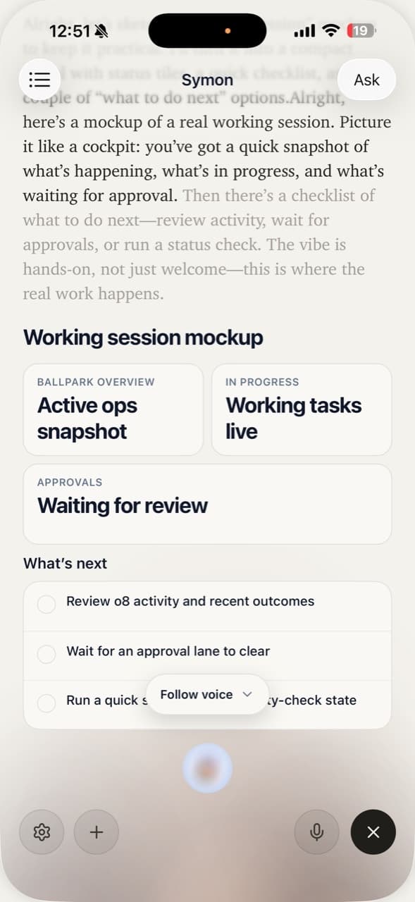A Symon voice session on iPhone showing an active operations snapshot, approvals waiting for review, and the Follow voice control