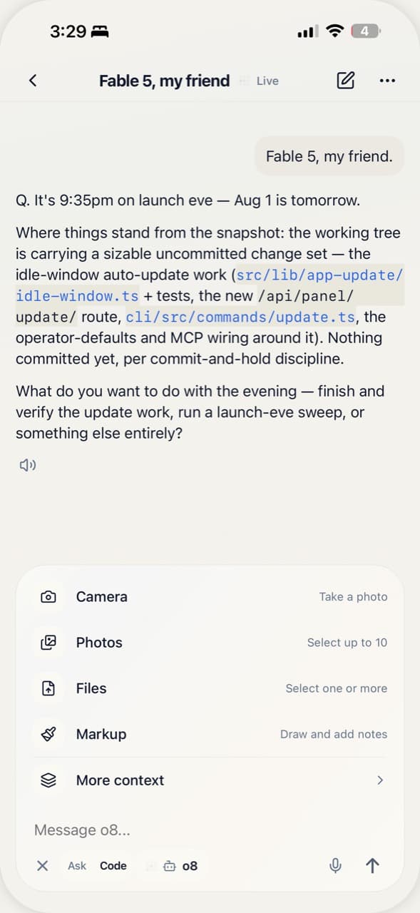 A live o8 session on iPhone