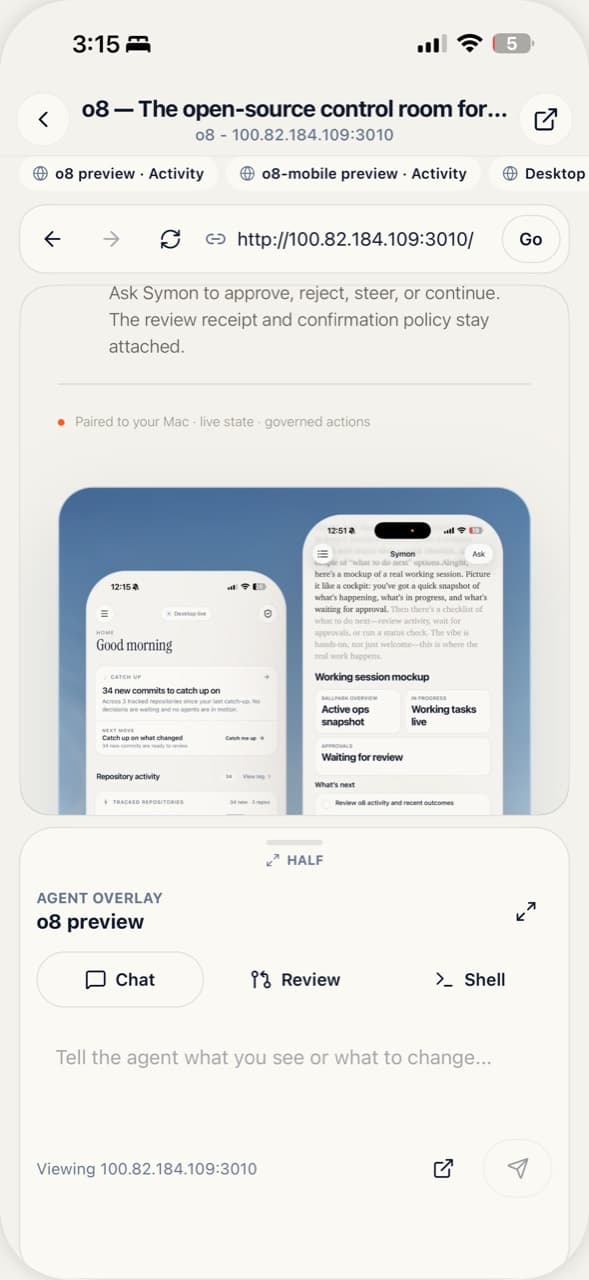 The o8 browser and agent overlay on iPhone