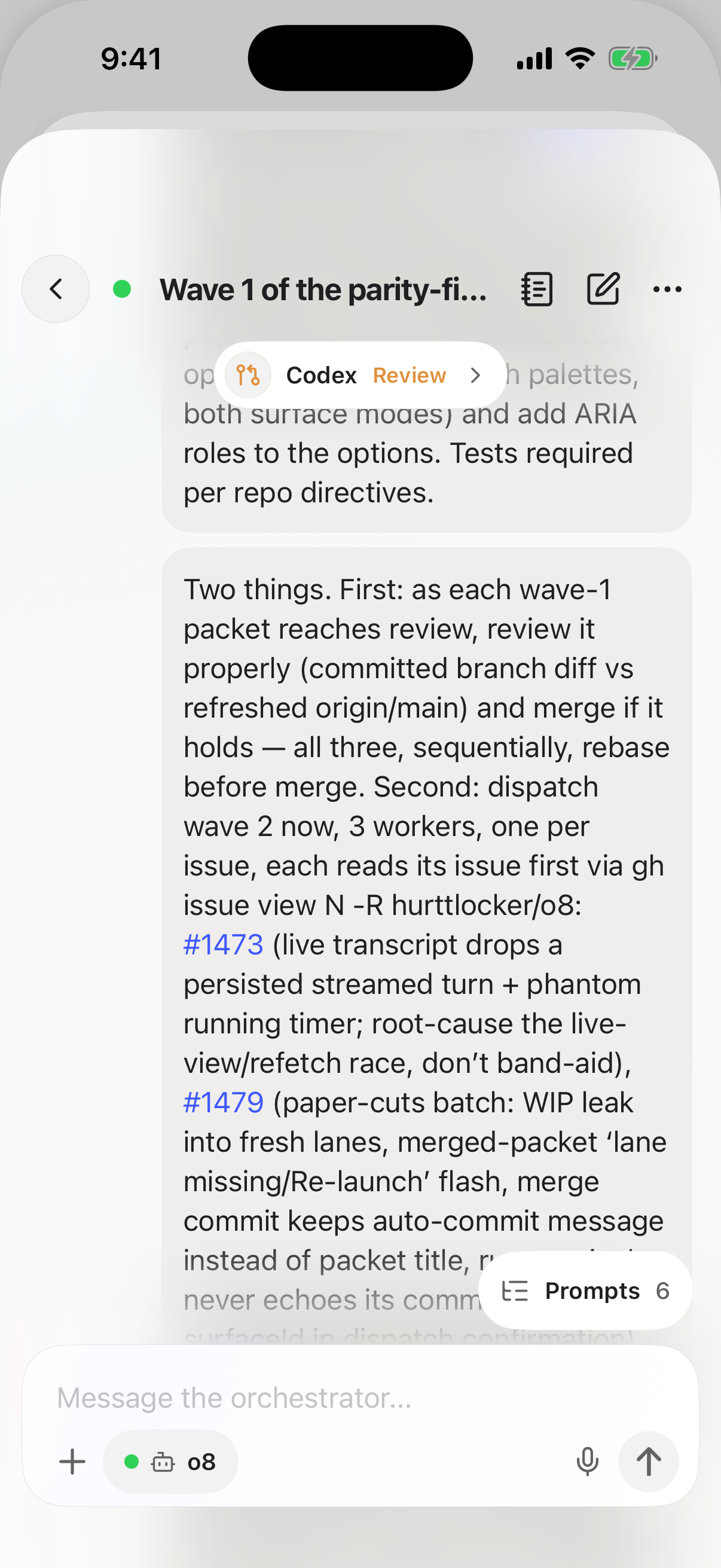 A live orchestrator chat thread on iPhone