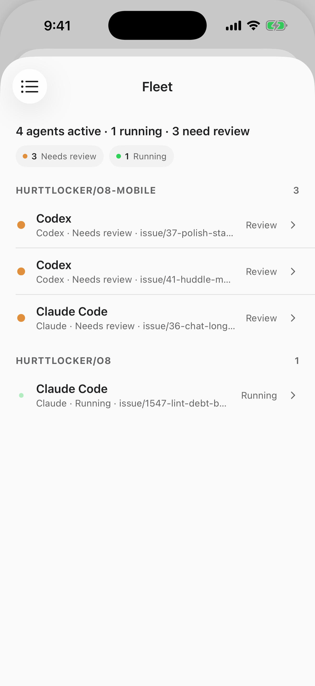 The agent fleet grouped by status on iPhone