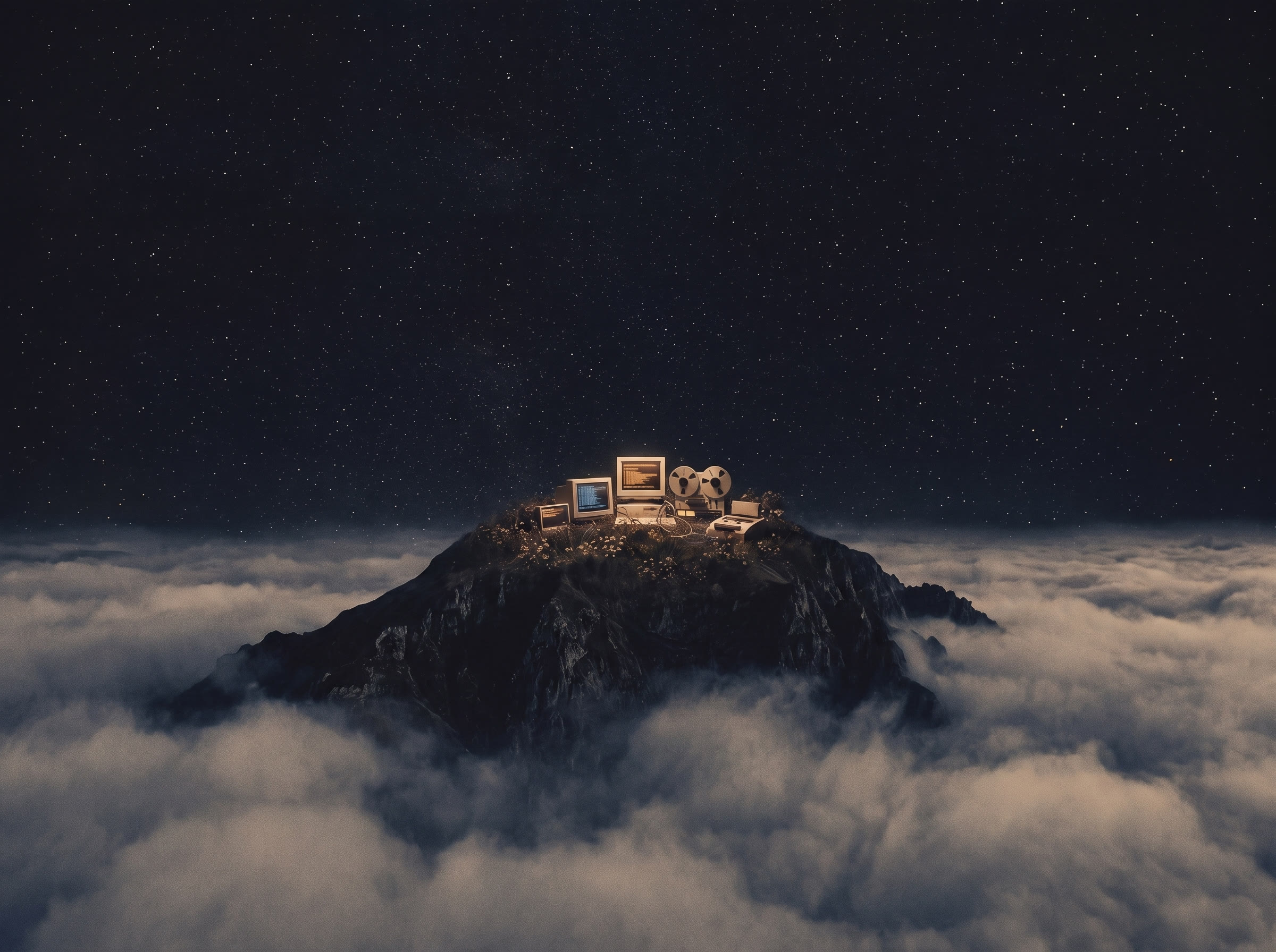 A dark mountain peak rising from a sea of clouds at night, a faint glow of machines on its distant summit